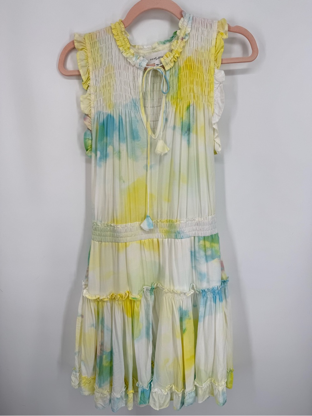 Dear John Women White Yellow Blue Tie‎ Dye Sleeveless Tiered Mini Dress Small